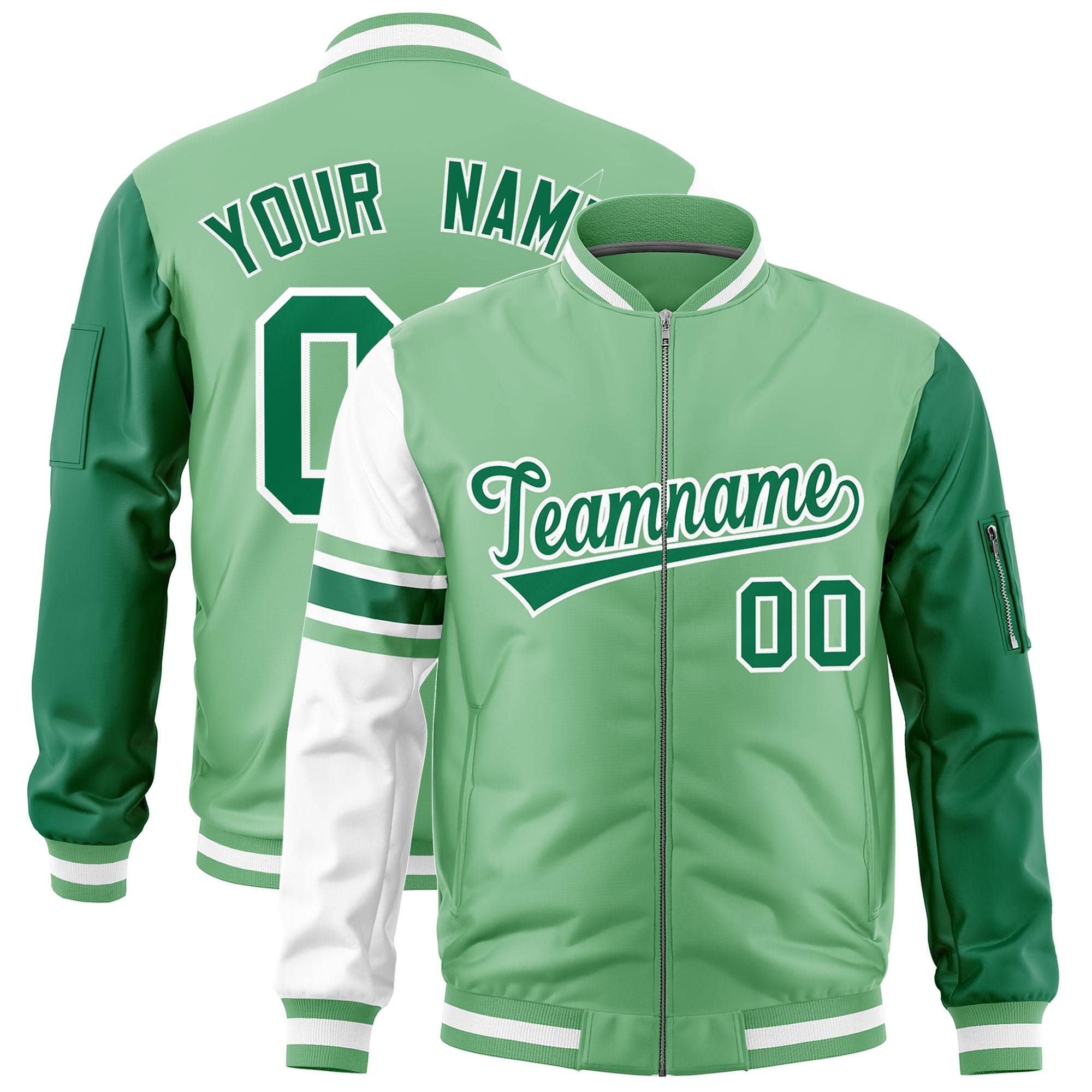 Custom Light Green Kelly Green-White Varsity Full-Zip Raglan Sleeves Stripe Letterman Bomber Jacket