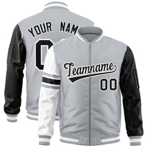 Custom Silver Black-White Varsity Full-Zip Raglan Sleeves Stripe Letterman Bomber Jacket