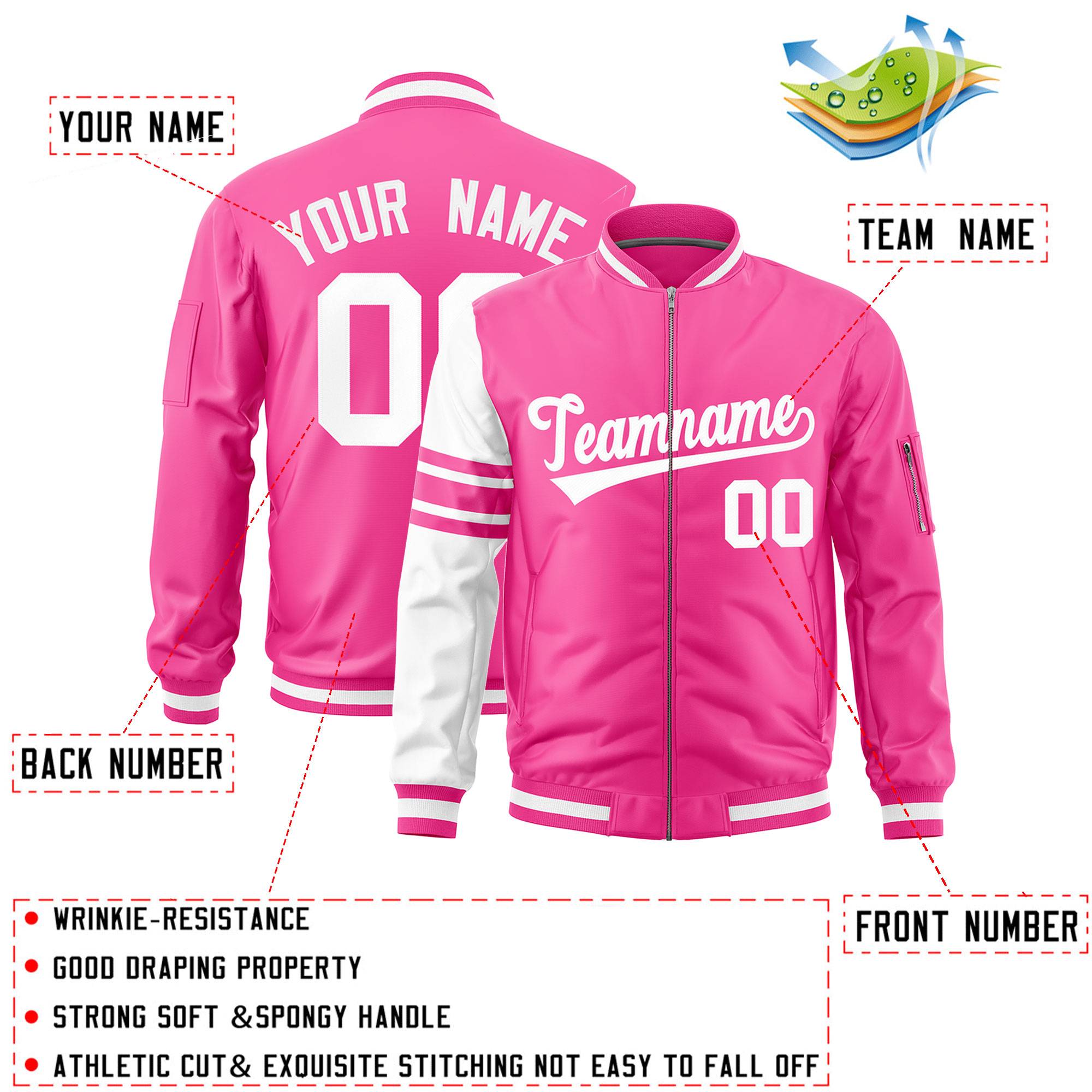 Custom Pink White Varsity Full-Zip Raglan Sleeves Stripe Letterman Bomber Jacket