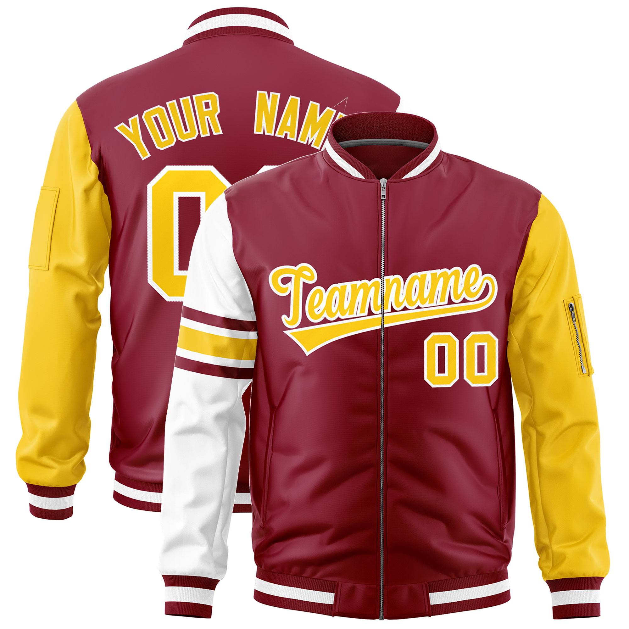 Custom Crimson Gold-White Varsity Full-Zip Raglan Sleeves Stripe Letterman Bomber Jacket