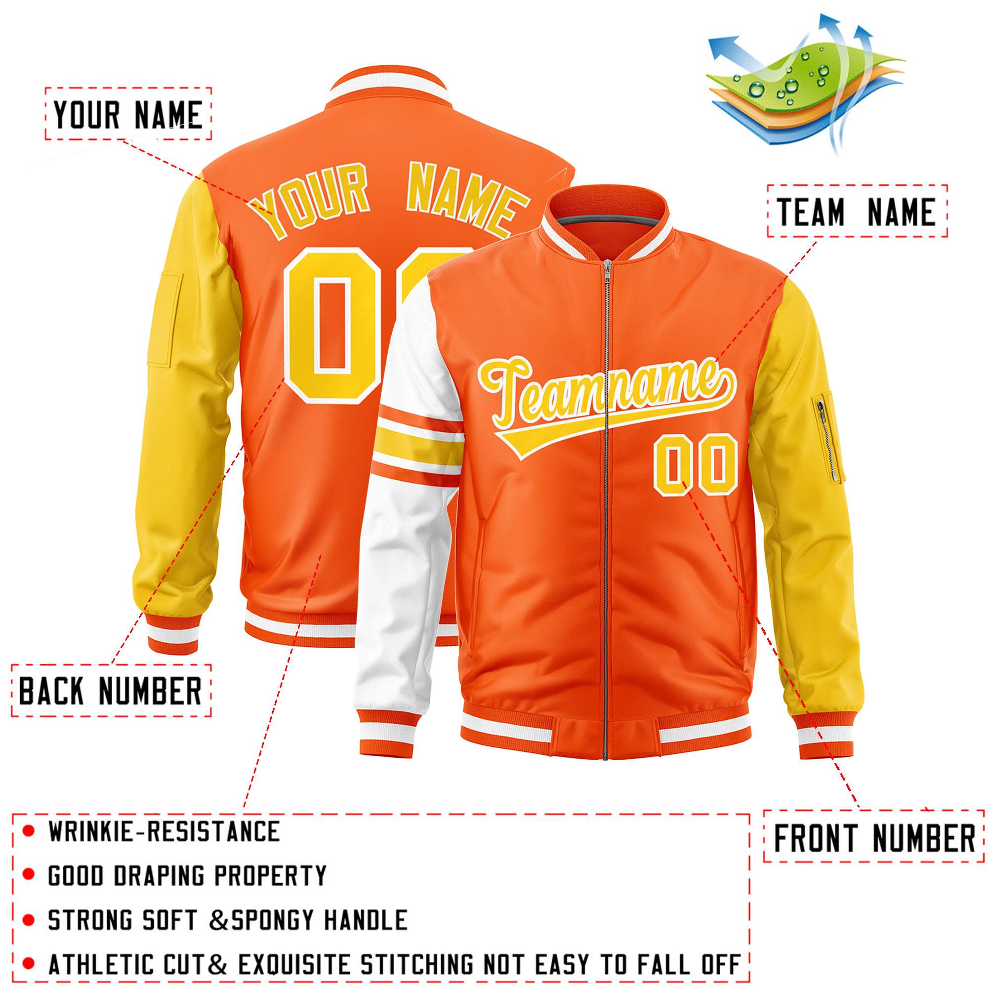 Custom Orange Gold-White Varsity Full-Zip Raglan Sleeves Stripe Letterman Bomber Jacket