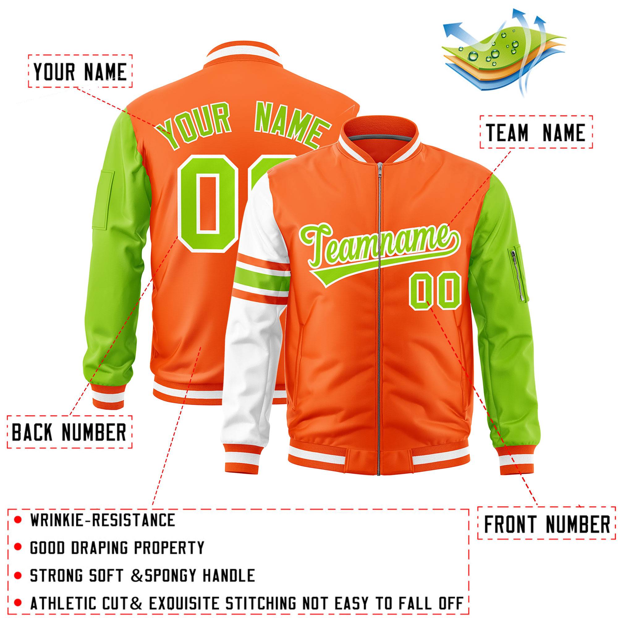 Custom Orange Neon Green-White Varsity Full-Zip Raglan Sleeves Stripe Letterman Bomber Jacket