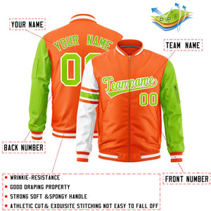 Custom Orange Neon Green-White Varsity Full-Zip Raglan Sleeves Stripe Letterman Bomber Jacket