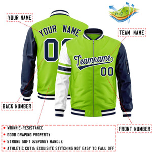 Custom Neon Green Navy-White Varsity Full-Zip Raglan Sleeves Stripe Letterman Bomber Jacket