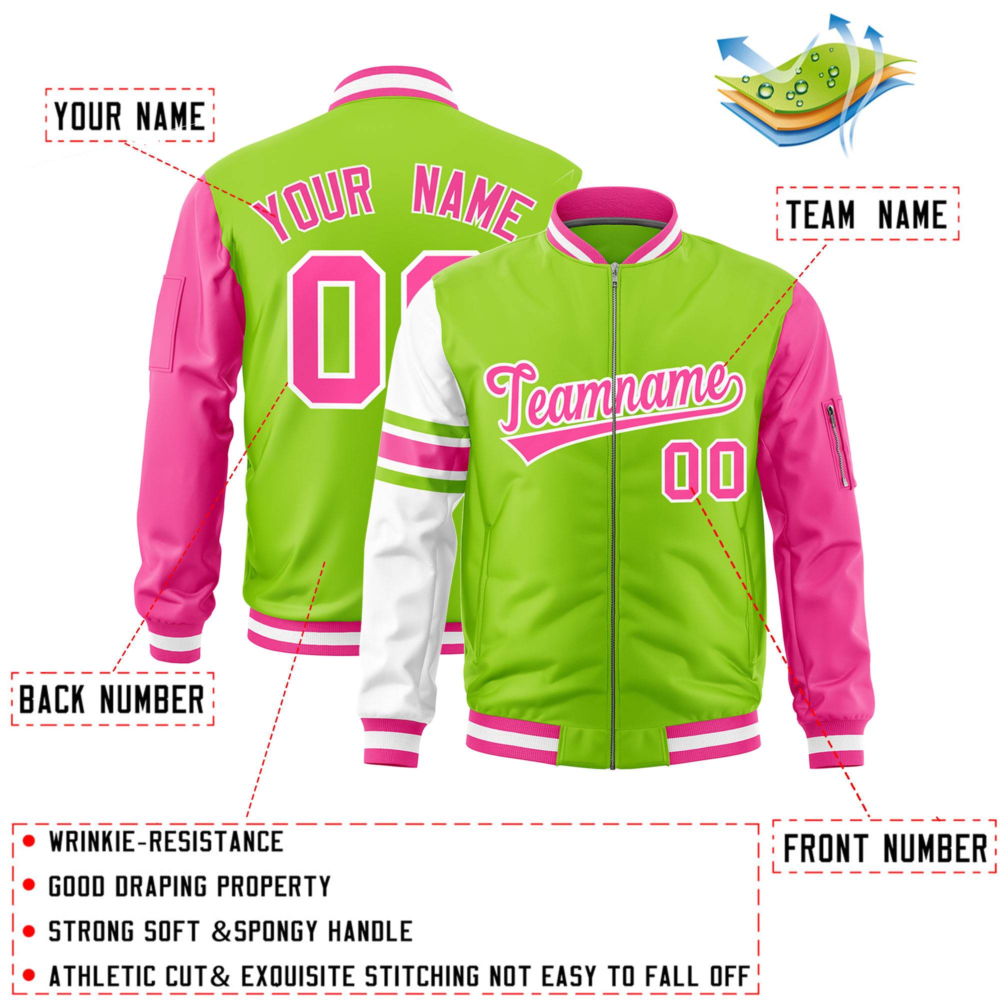 Custom Neon Green Pink-White Varsity Full-Zip Raglan Sleeves Stripe Letterman Bomber Jacket