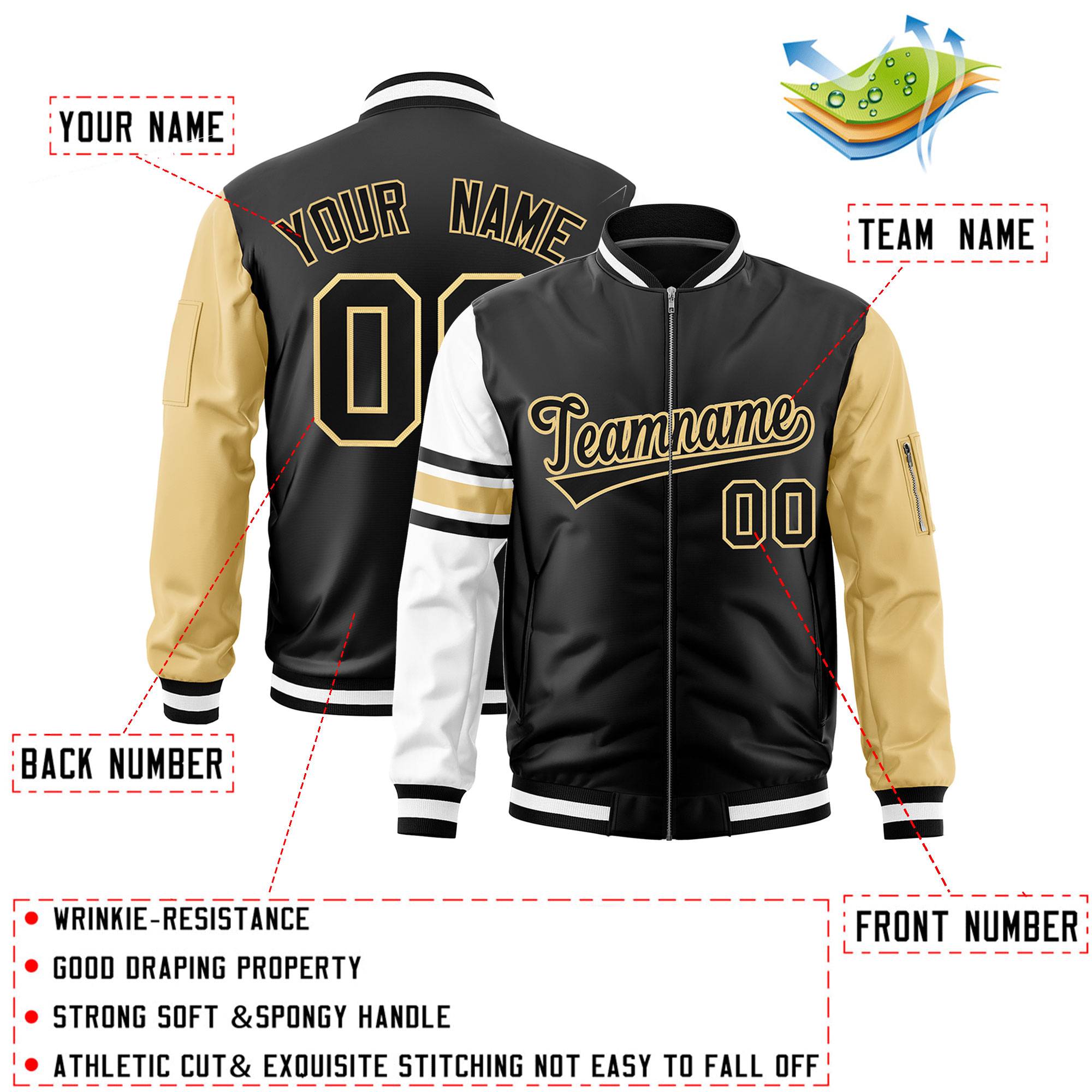 Custom Black Khaki-White Varsity Full-Zip Raglan Sleeves Stripe Letterman Bomber Jacket