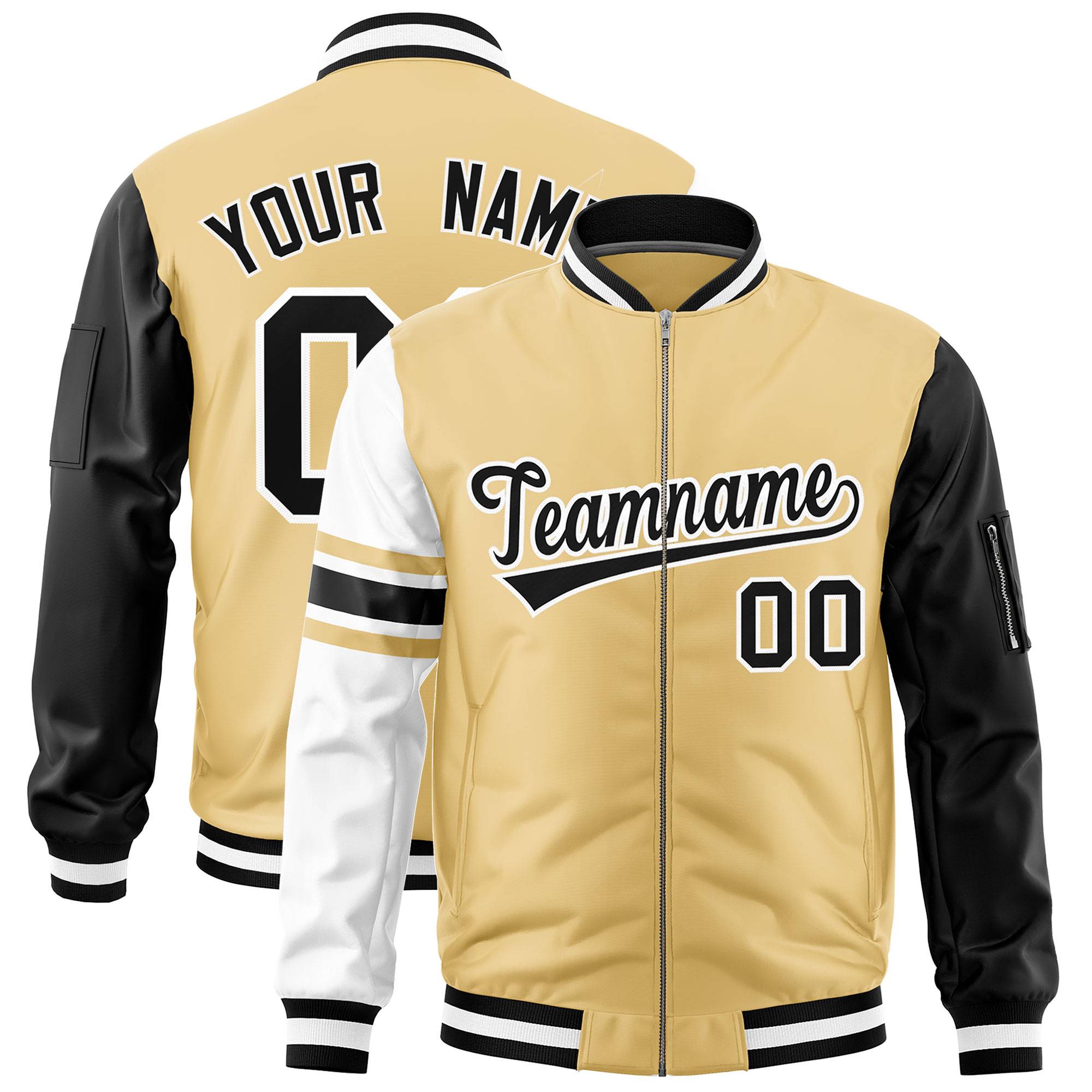 Custom Khaki Black-White Varsity Full-Zip Raglan Sleeves Stripe Letterman Bomber Jacket