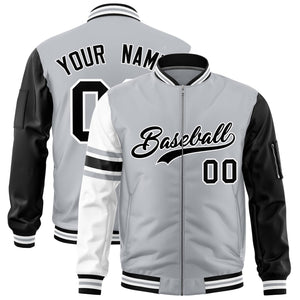 Custom Silver Black-White Varsity Full-Zip Raglan Sleeves Stripe Letterman Bomber Jacket