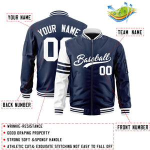 Custom Navy White Varsity Full-Zip Raglan Sleeves Stripe Letterman Bomber Jacket