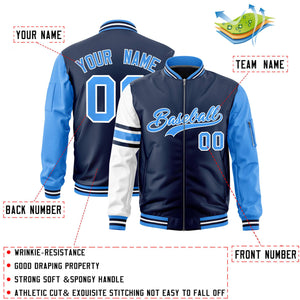 Custom Navy Powder Blue-White Varsity Full-Zip Raglan Sleeves Stripe Letterman Bomber Jacket