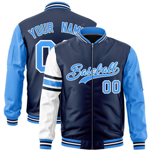 Custom Navy Powder Blue-White Varsity Full-Zip Raglan Sleeves Stripe Letterman Bomber Jacket