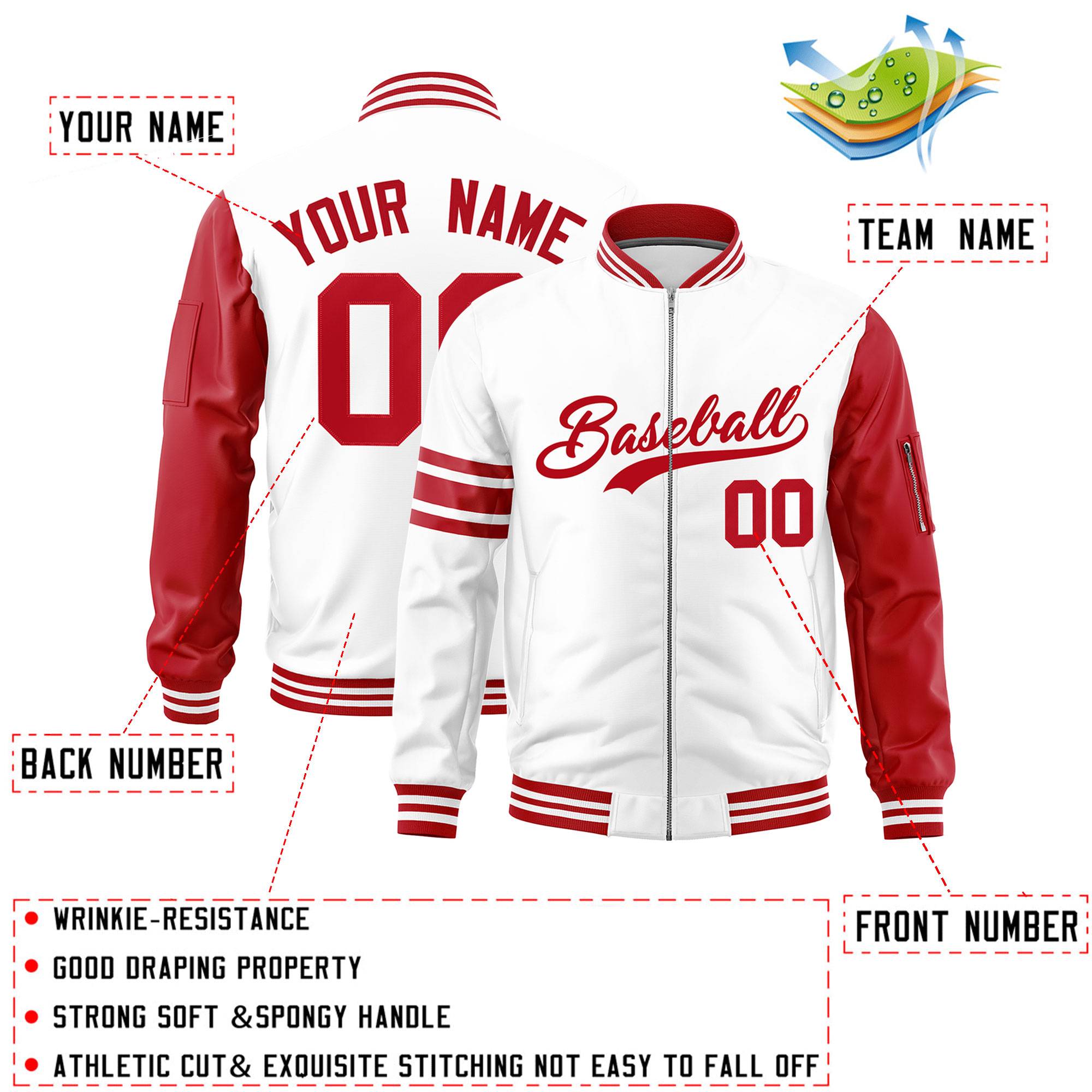 Custom White Red Varsity Full-Zip Raglan Sleeves Stripe Letterman Bomber Jacket