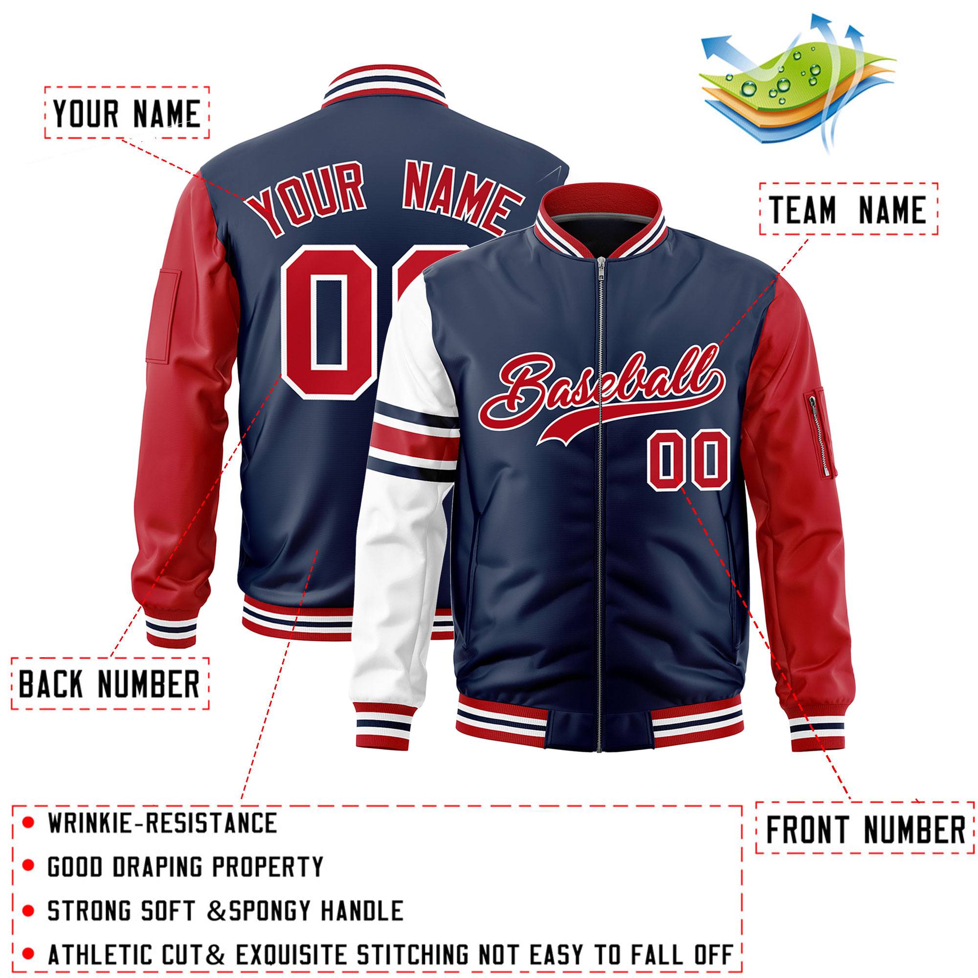 Custom Navy Red-White Varsity Full-Zip Raglan Sleeves Stripe Letterman Bomber Jacket