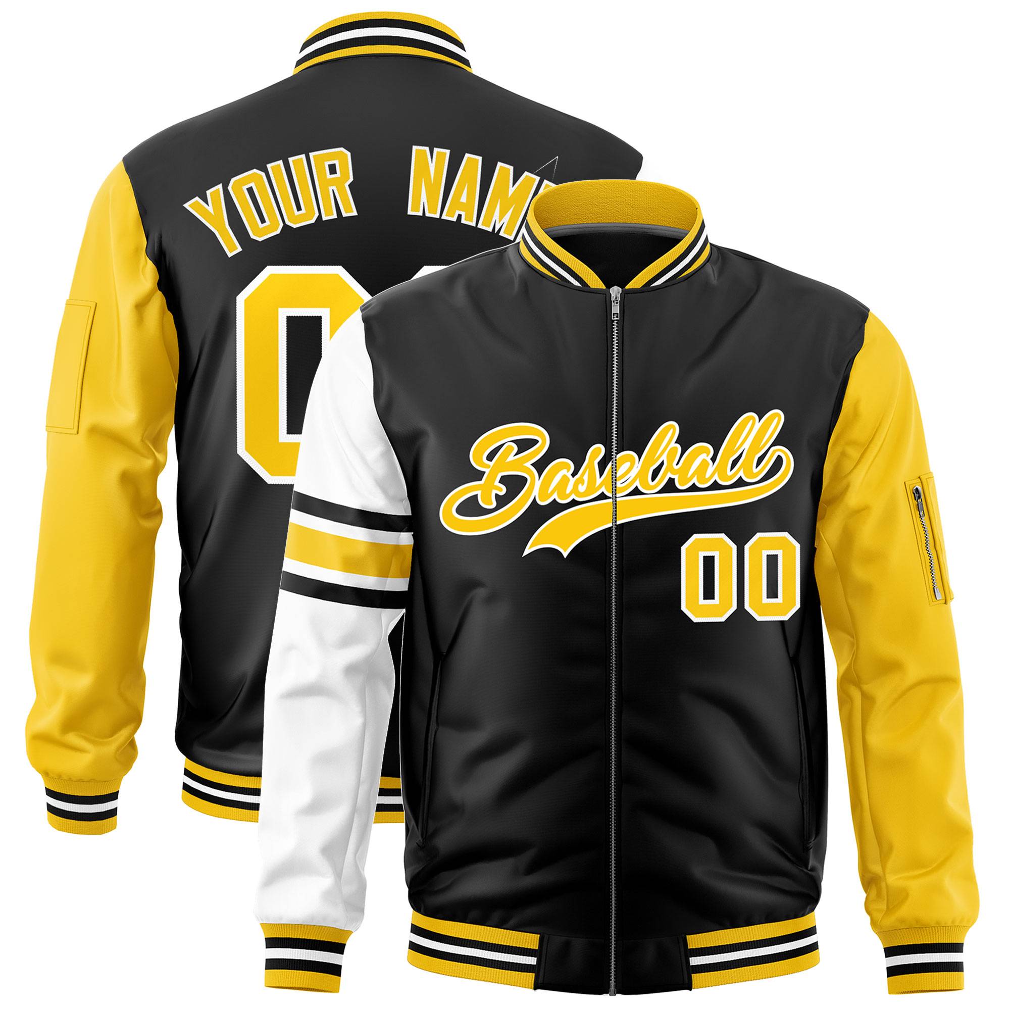 Custom Black Gold-White Varsity Full-Zip Raglan Sleeves Stripe Letterman Bomber Jacket