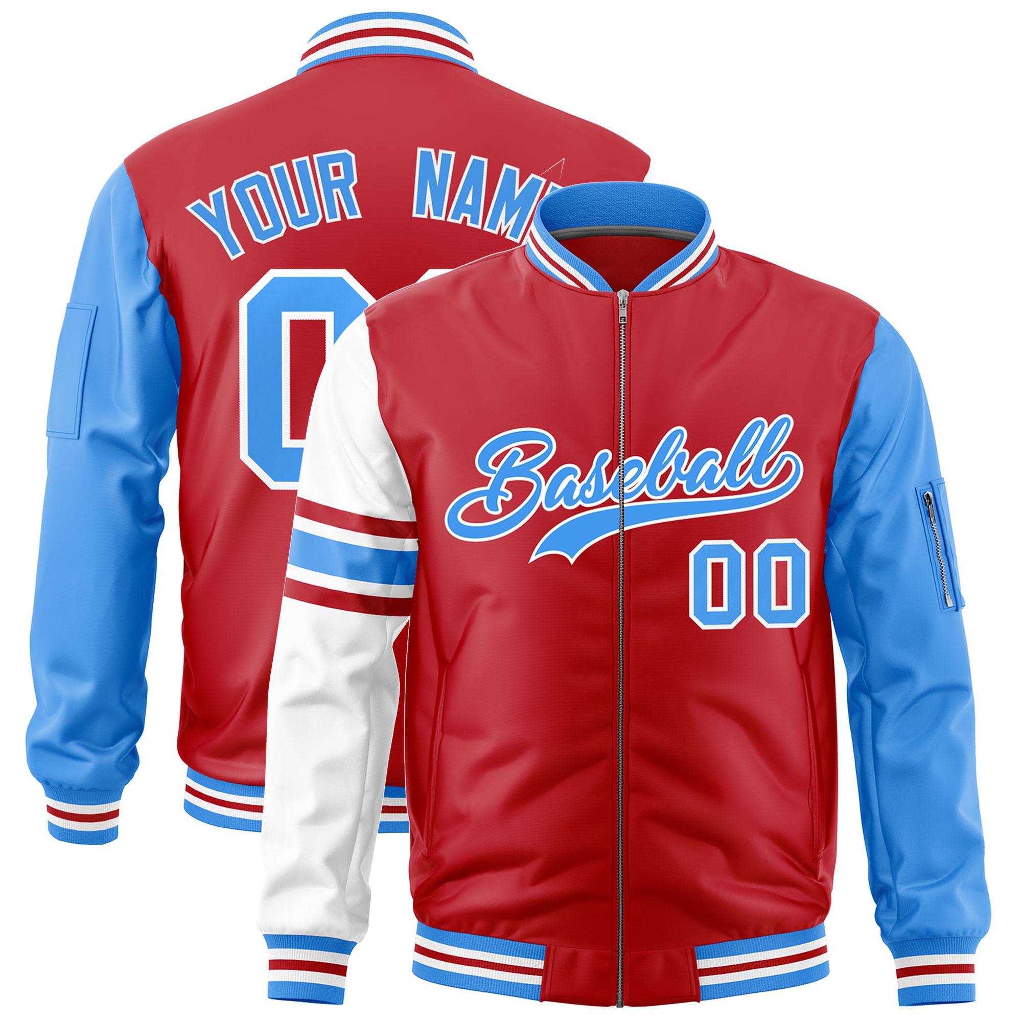 Custom Red Powder Blue-White Varsity Full-Zip Raglan Sleeves Stripe Letterman Bomber Jacket