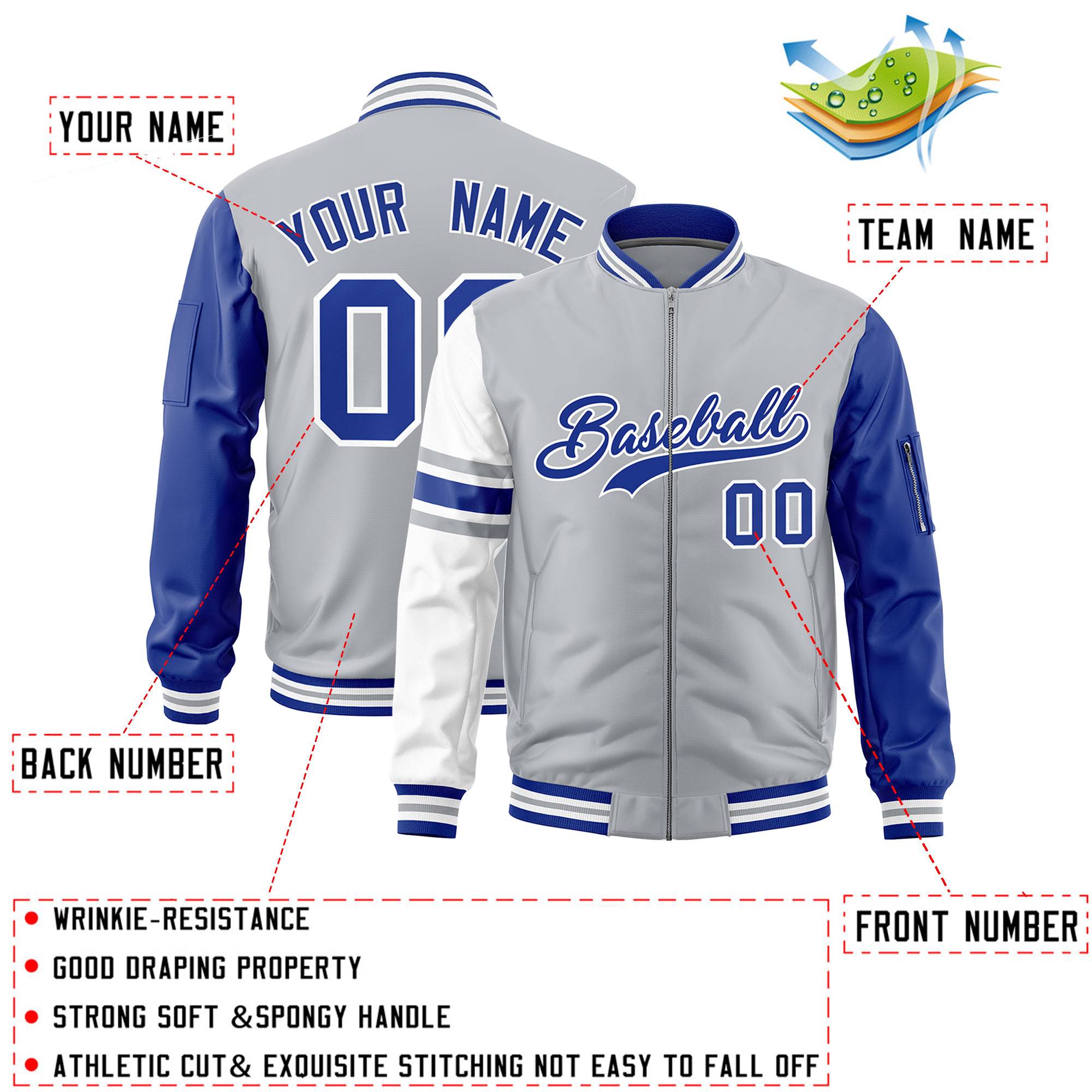 Custom Silver Royal-White Varsity Full-Zip Raglan Sleeves Stripe Letterman Bomber Jacket