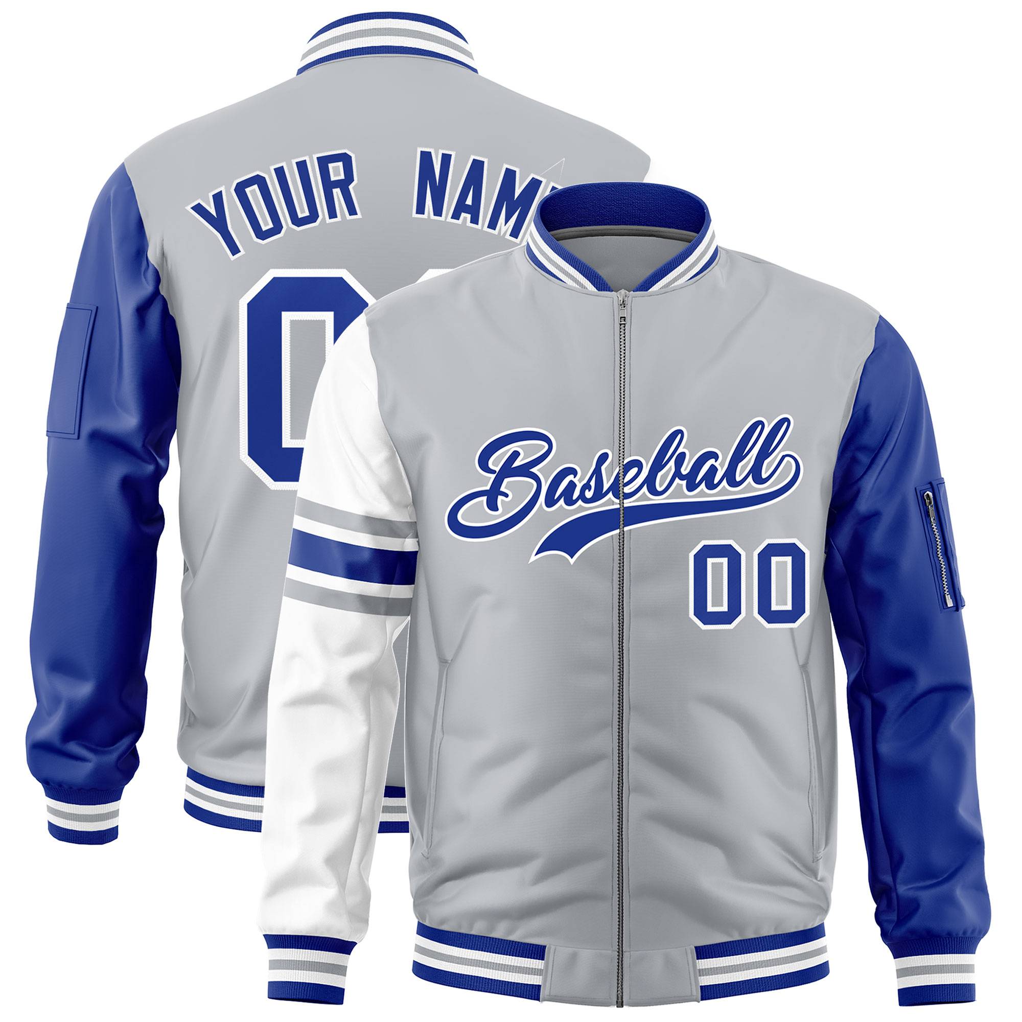 Custom Silver Royal-White Varsity Full-Zip Raglan Sleeves Stripe Letterman Bomber Jacket