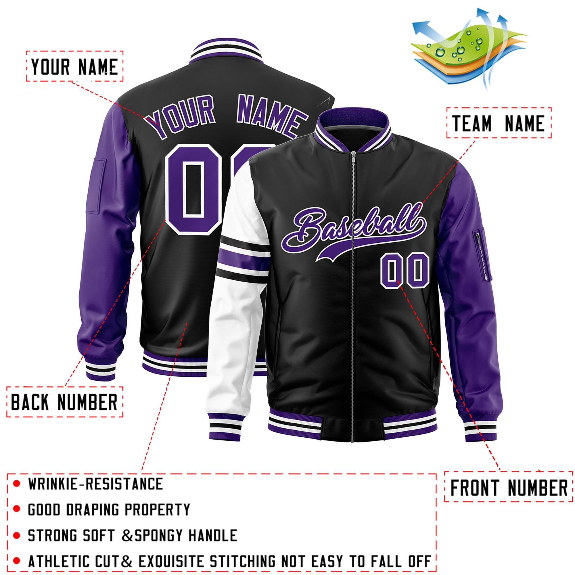 Custom Black Purple-White Varsity Full-Zip Raglan Sleeves Stripe Letterman Bomber Jacket