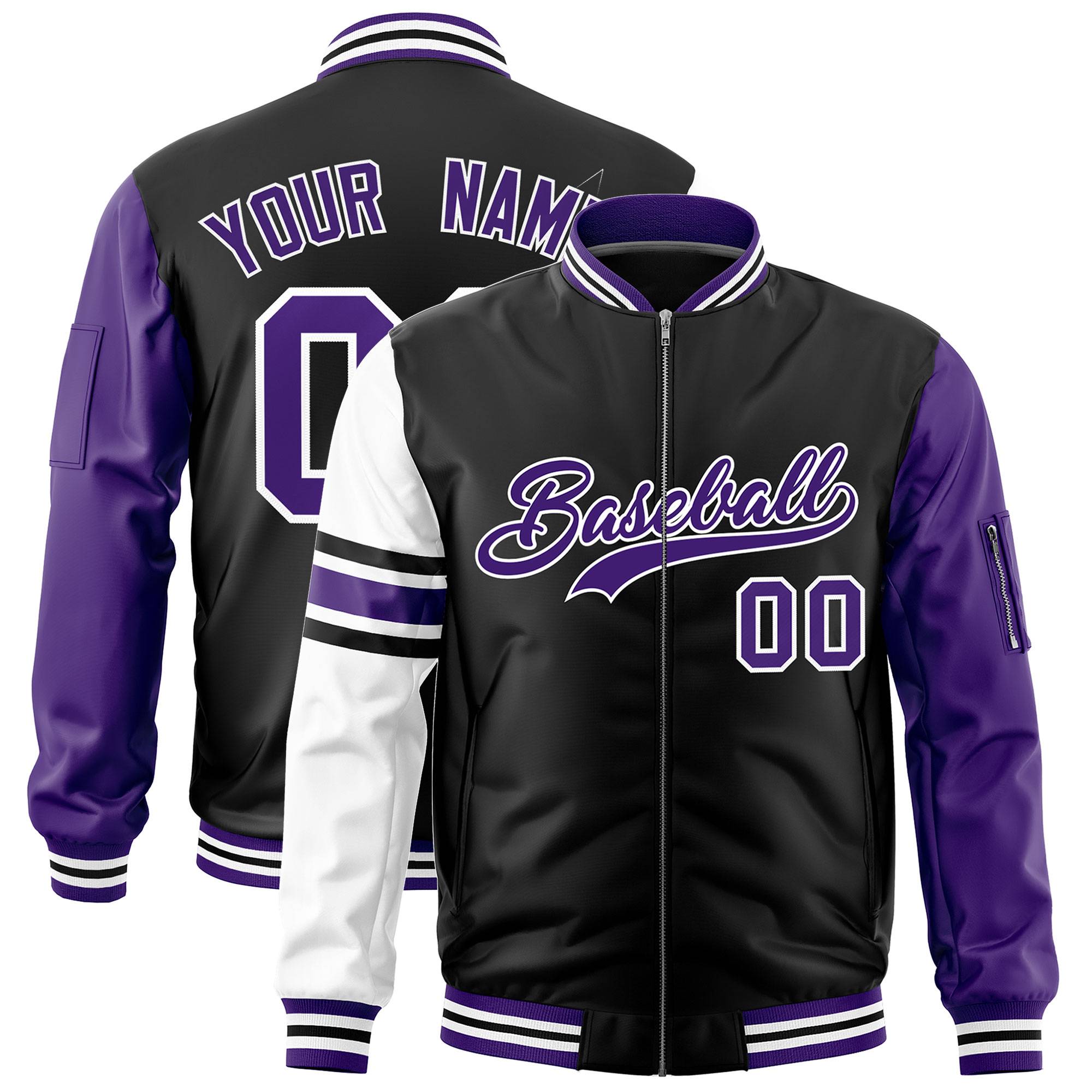 Custom Black Purple-White Varsity Full-Zip Raglan Sleeves Stripe Letterman Bomber Jacket