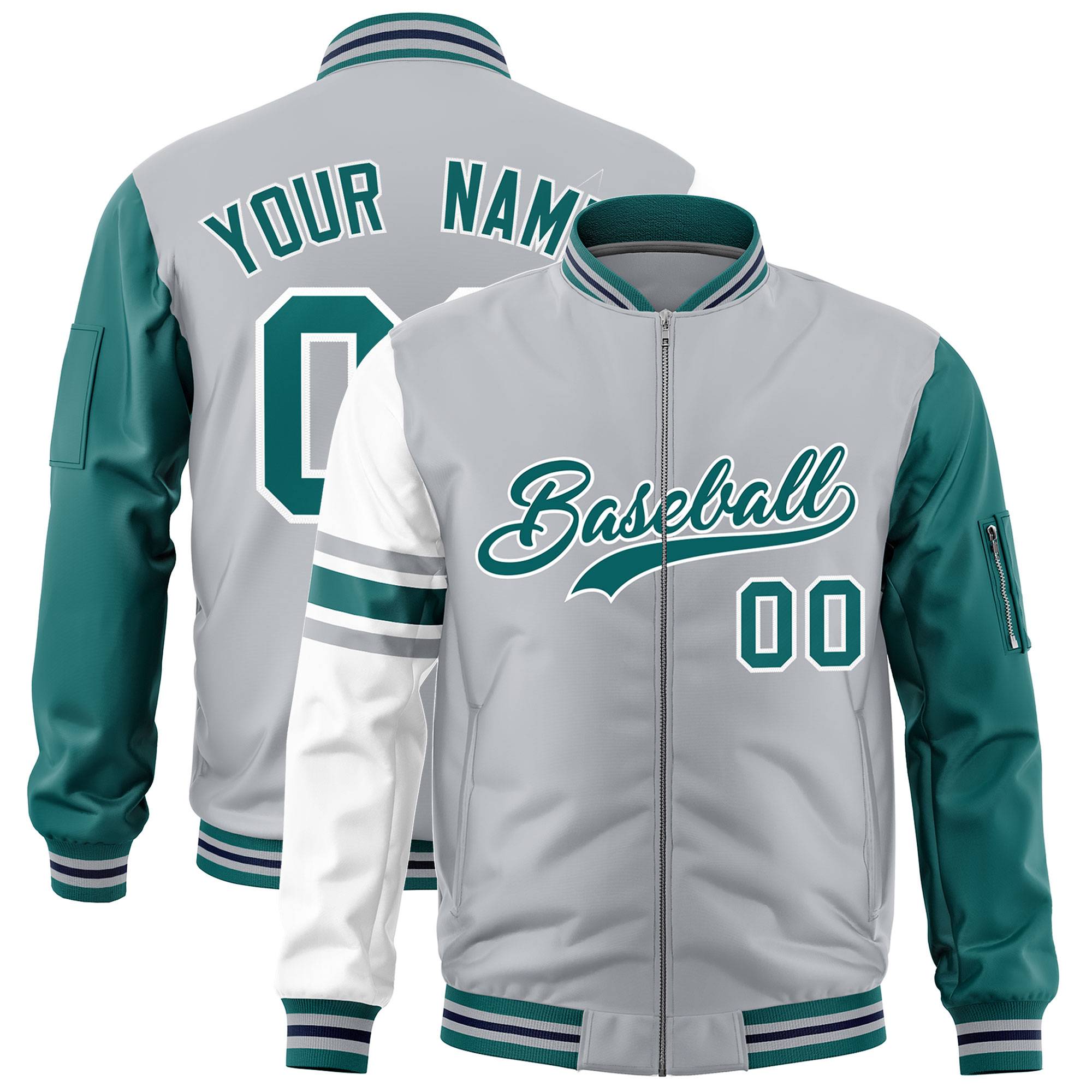 Custom Silver Aqua-White Varsity Full-Zip Raglan Sleeves Stripe Letterman Bomber Jacket