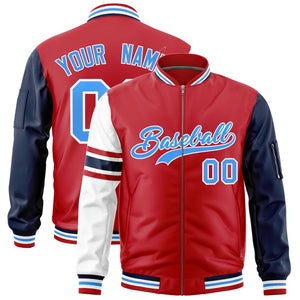 Custom Red Navy-White Varsity Full-Zip Raglan Sleeves Stripe Letterman Bomber Jacket