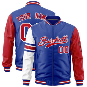 Custom Royal Red-White Varsity Full-Zip Raglan Sleeves Stripe Letterman Bomber Jacket