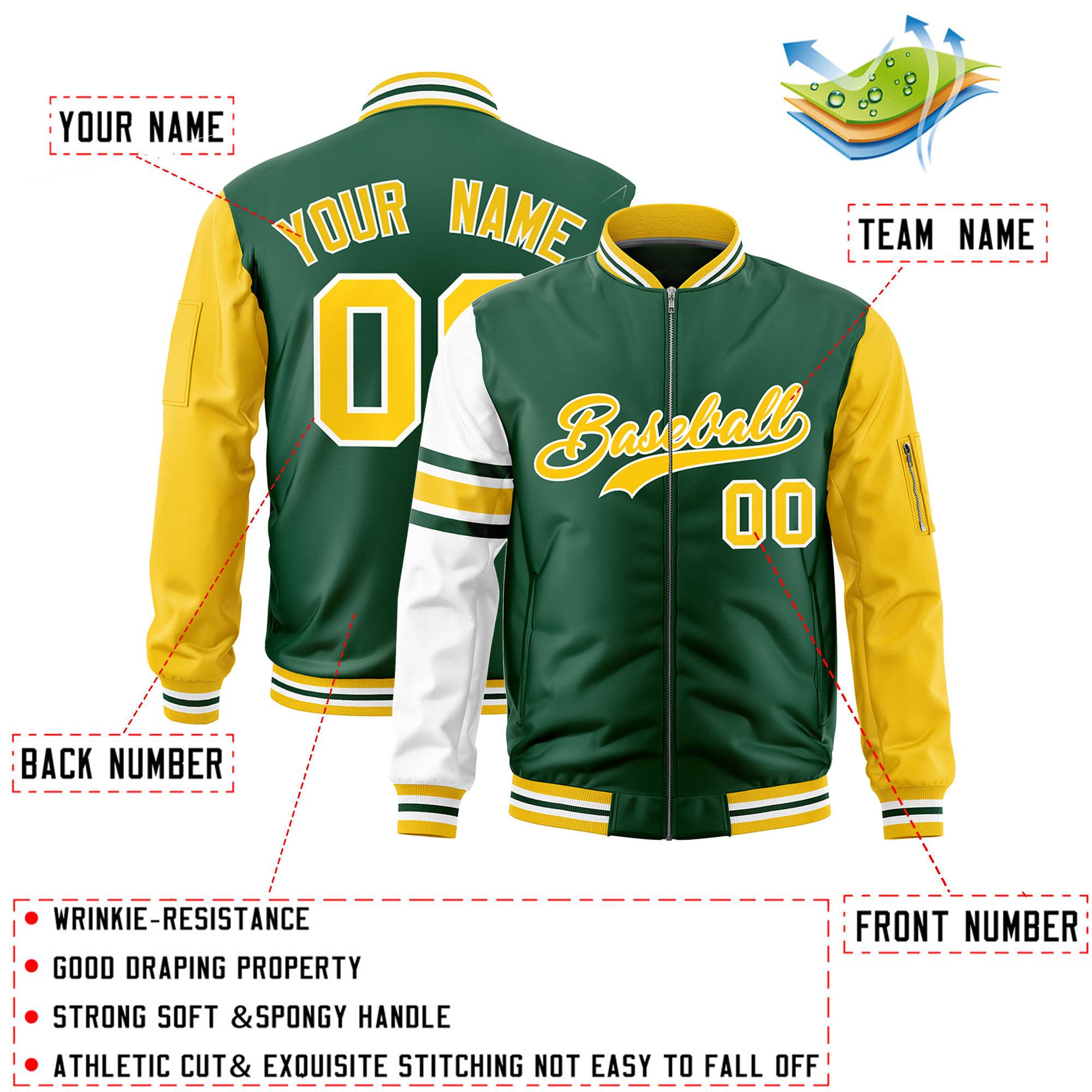 Custom Green Gold-White Varsity Full-Zip Raglan Sleeves Stripe Letterman Bomber Jacket