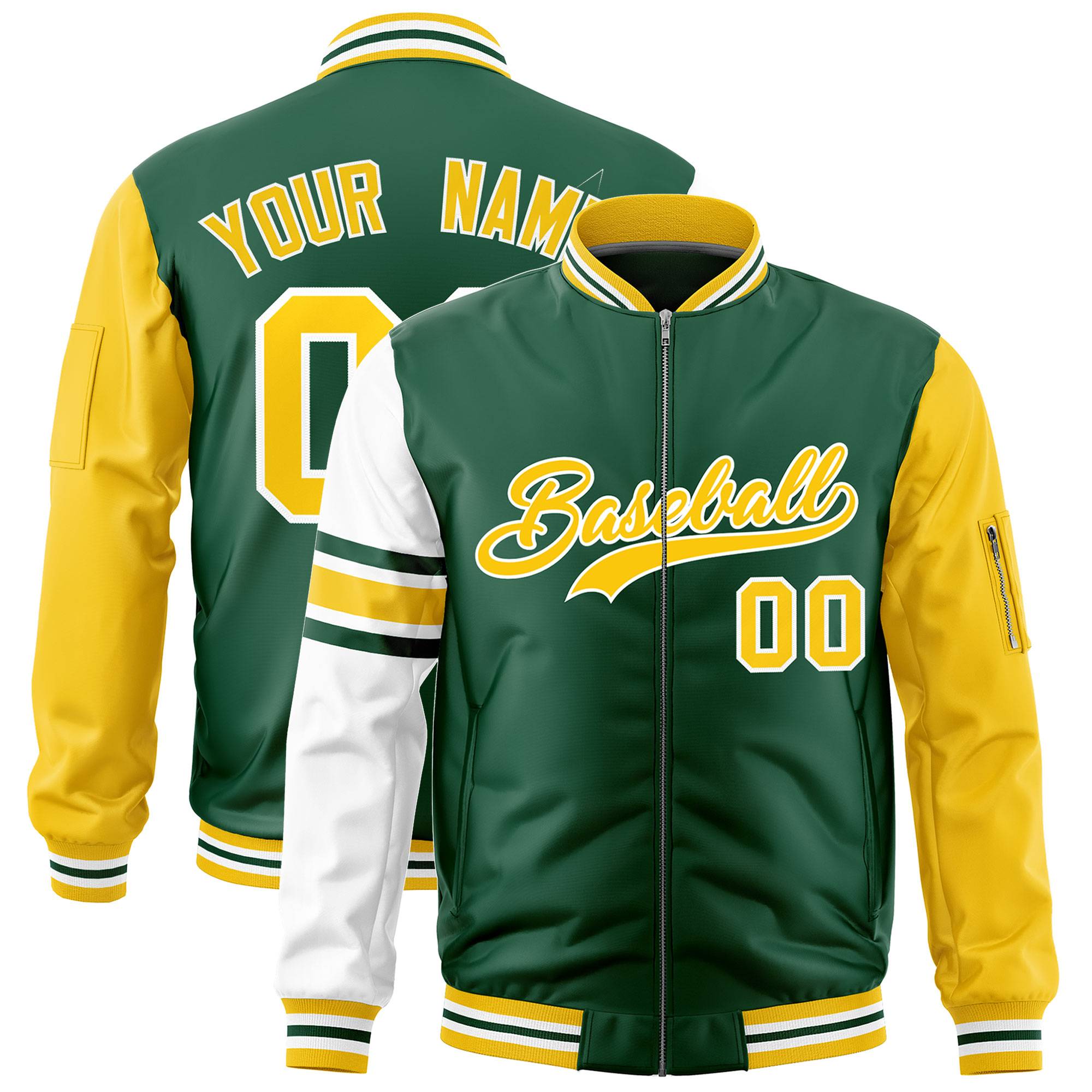 Custom Green Gold-White Varsity Full-Zip Raglan Sleeves Stripe Letterman Bomber Jacket