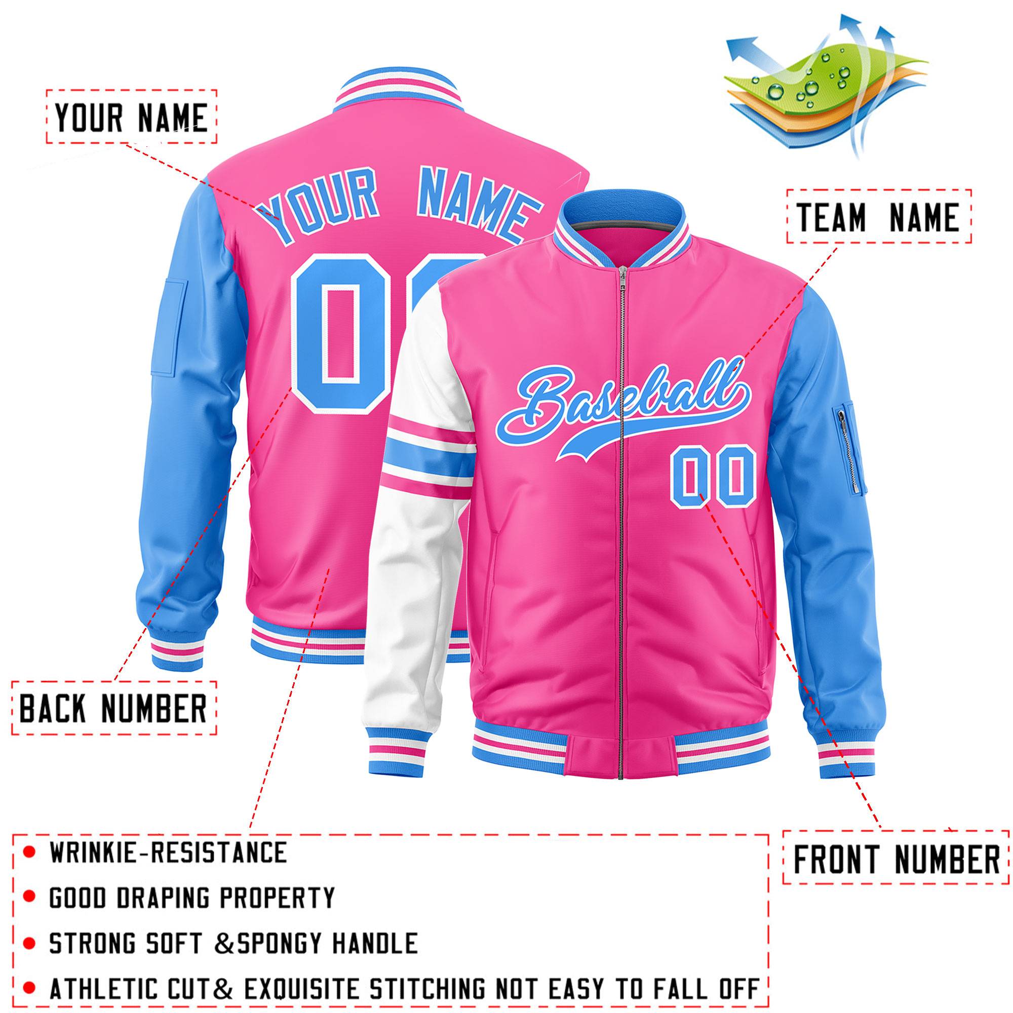 Custom Pink Powder Blue-White Varsity Full-Zip Raglan Sleeves Stripe Letterman Bomber Jacket