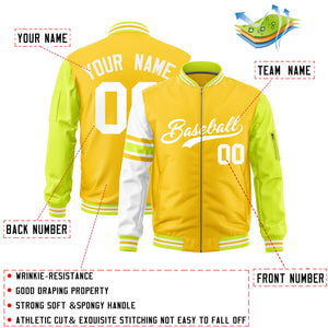 Custom Gold Fluorescent Green-White Varsity Full-Zip Raglan Sleeves Stripe Letterman Bomber Jacket