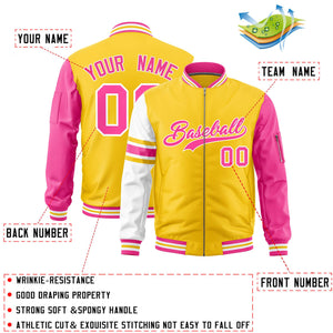 Custom Gold Pink-White Varsity Full-Zip Raglan Sleeves Stripe Letterman Bomber Jacket