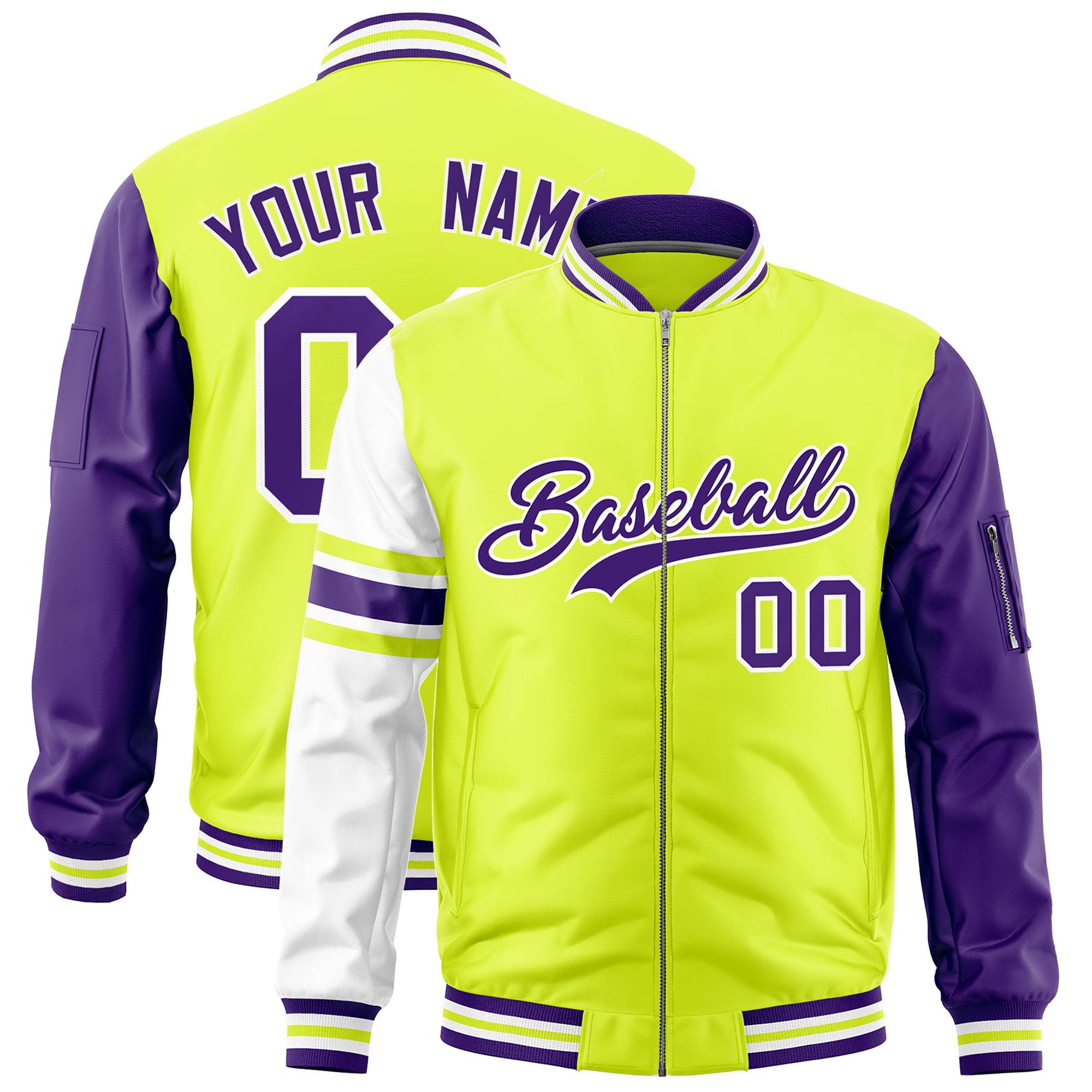 Custom Fluorescent Green Purple-White Varsity Full-Zip Raglan Sleeves Stripe Letterman Bomber Jacket