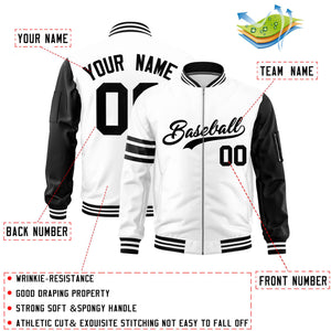 Custom White Black Varsity Full-Zip Raglan Sleeves Stripe Letterman Bomber Jacket