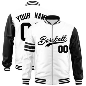 Custom White Black Varsity Full-Zip Raglan Sleeves Stripe Letterman Bomber Jacket