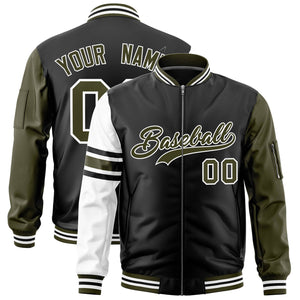 Custom Black Olive-White Varsity Full-Zip Raglan Sleeves Stripe Letterman Bomber Jacket