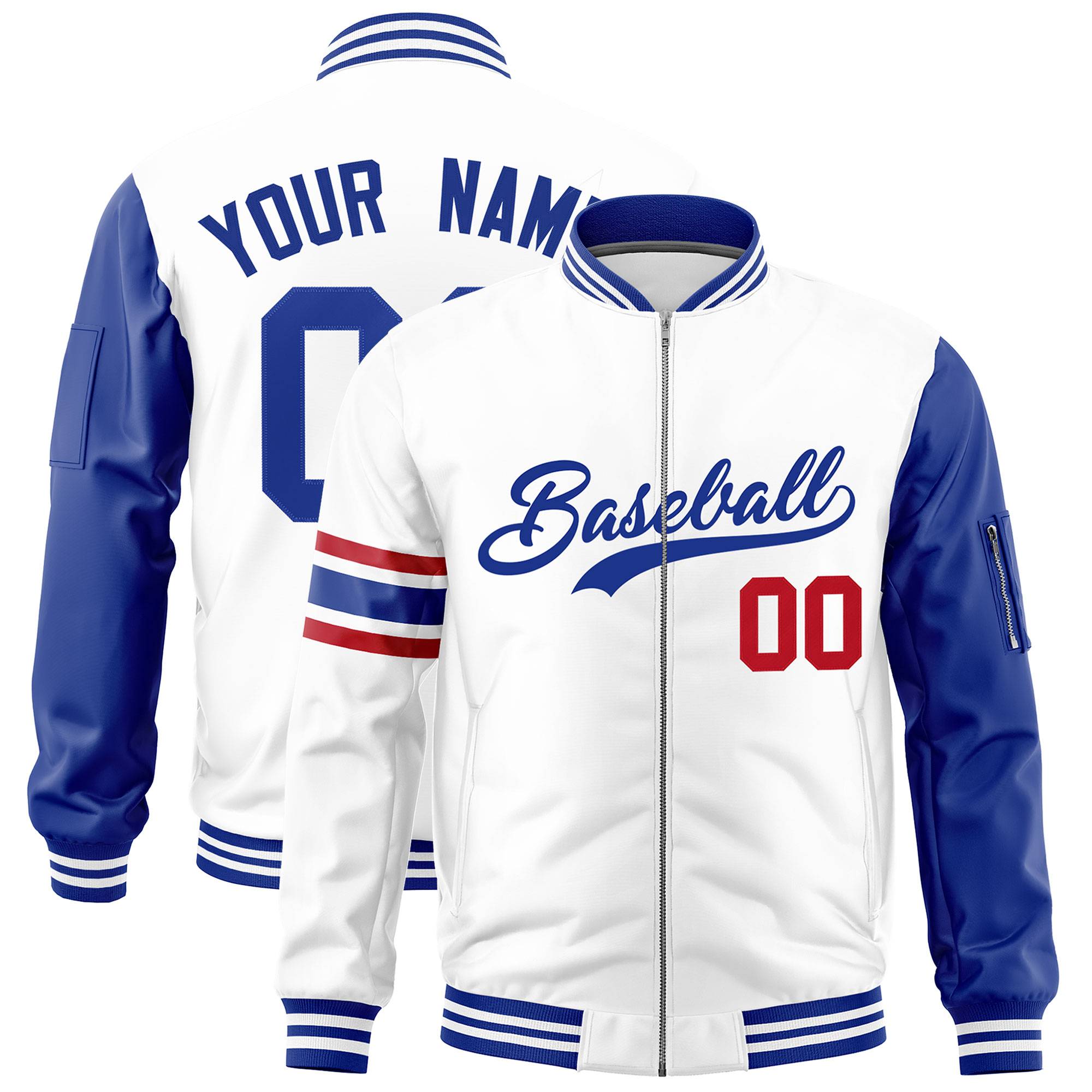 Custom White Royal Varsity Full-Zip Raglan Sleeves Stripe Letterman Bomber Jacket