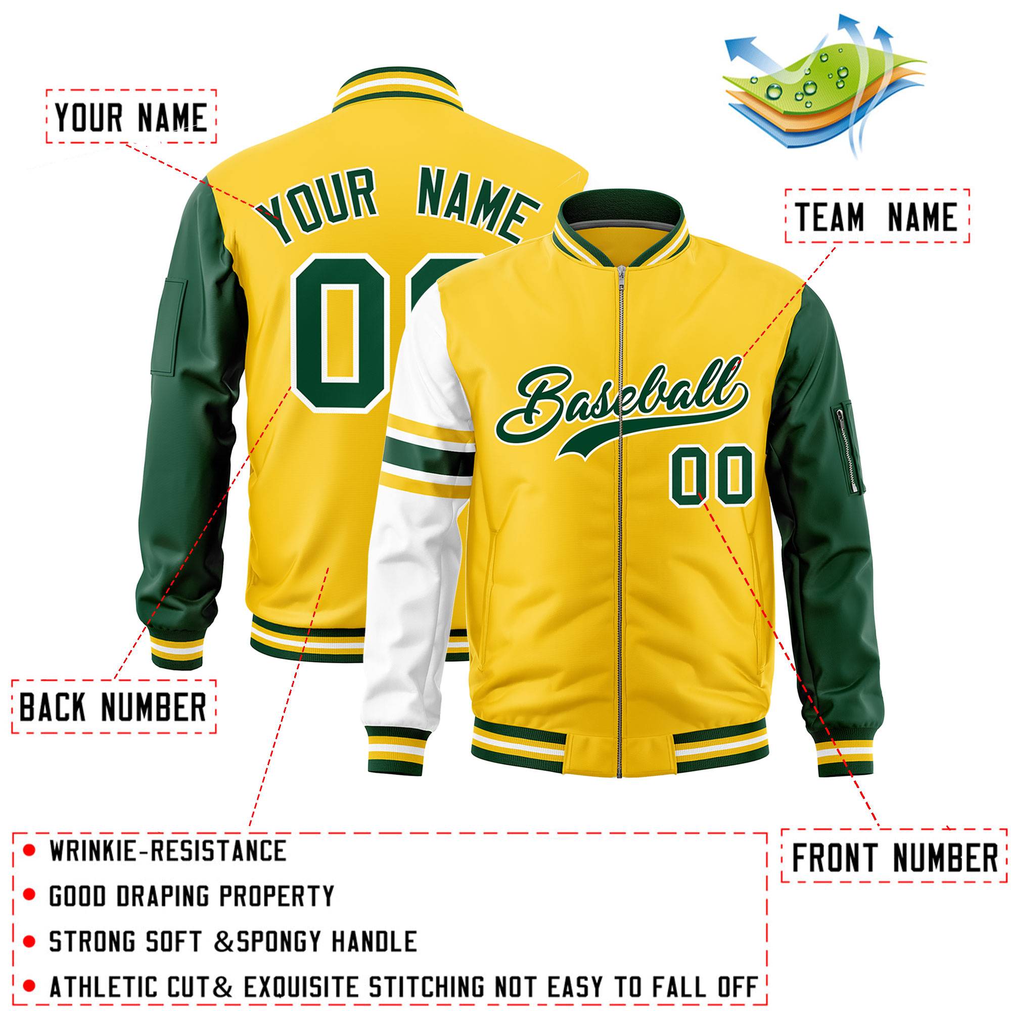 Custom Gold Green-White Varsity Full-Zip Raglan Sleeves Stripe Letterman Bomber Jacket