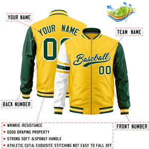 Custom Gold Green-White Varsity Full-Zip Raglan Sleeves Stripe Letterman Bomber Jacket