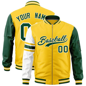 Custom Gold Green-White Varsity Full-Zip Raglan Sleeves Stripe Letterman Bomber Jacket