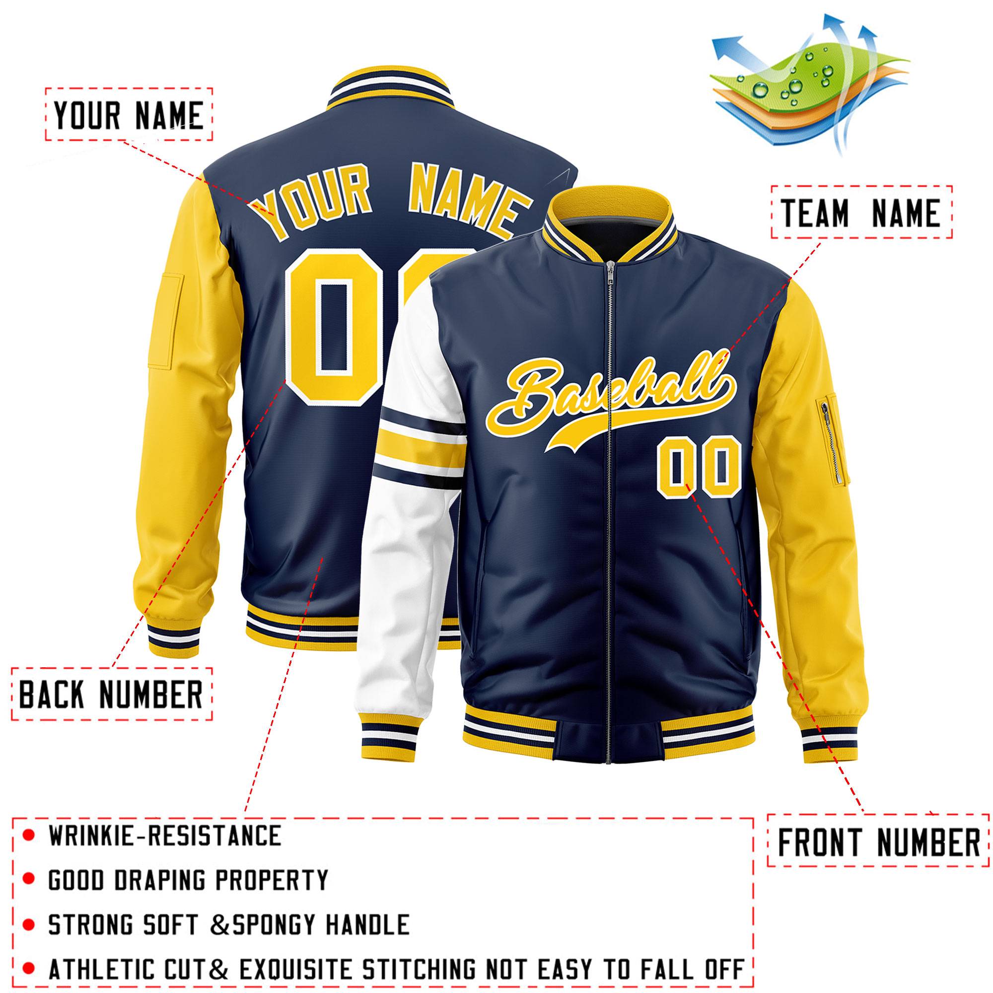 Custom Navy Gold-White Varsity Full-Zip Raglan Sleeves Stripe Letterman Bomber Jacket