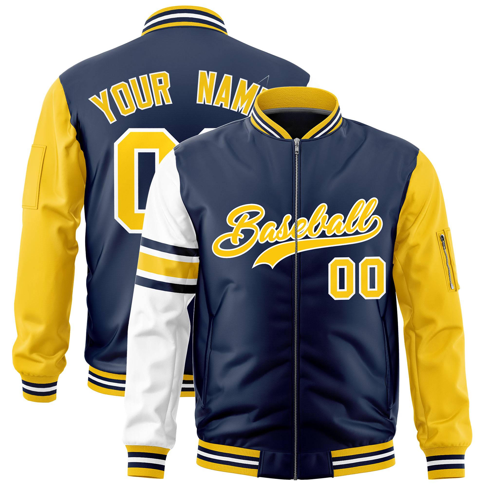 Custom Navy Gold-White Varsity Full-Zip Raglan Sleeves Stripe Letterman Bomber Jacket