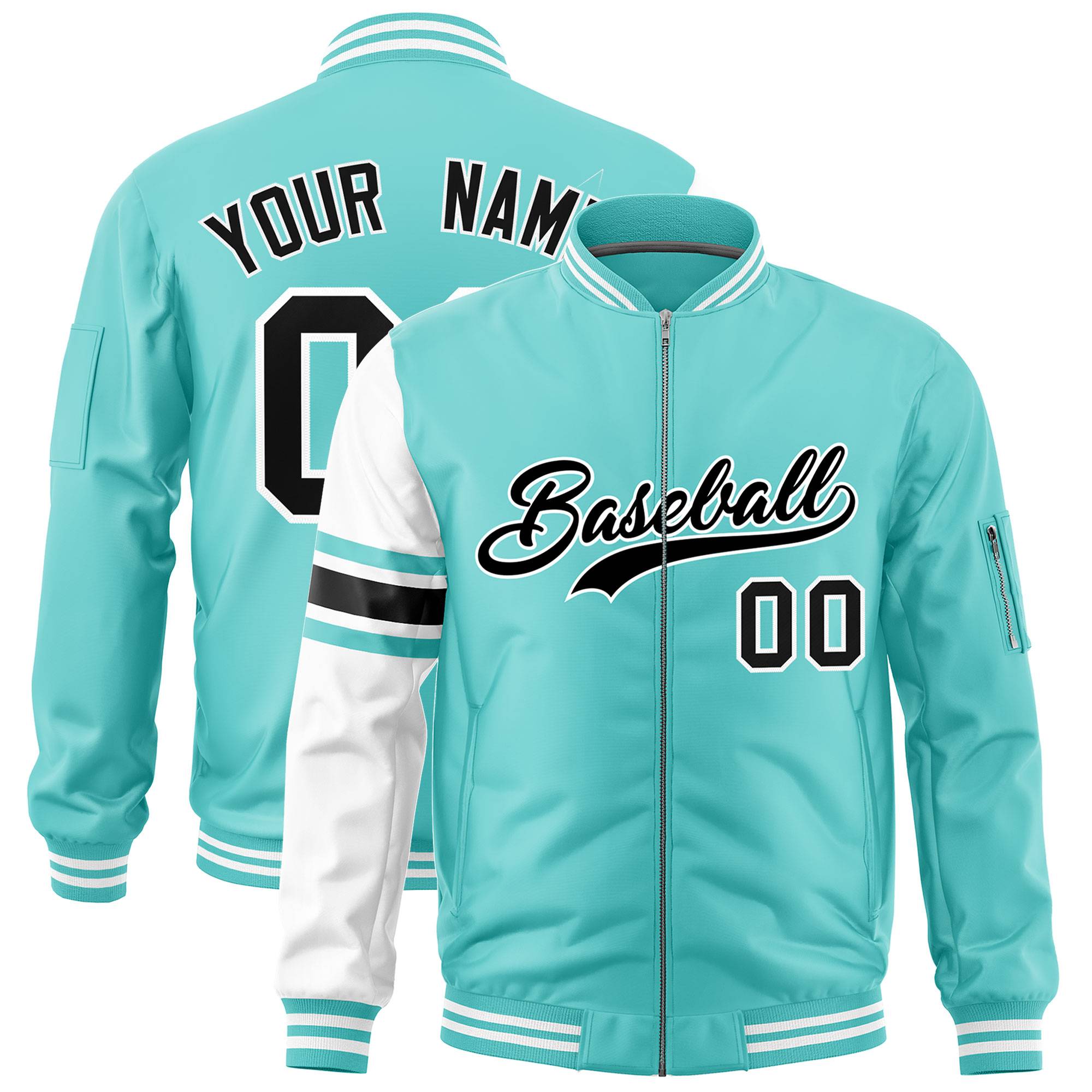 Custom Bright Green White Varsity Full-Zip Raglan Sleeves Stripe Letterman Bomber Jacket