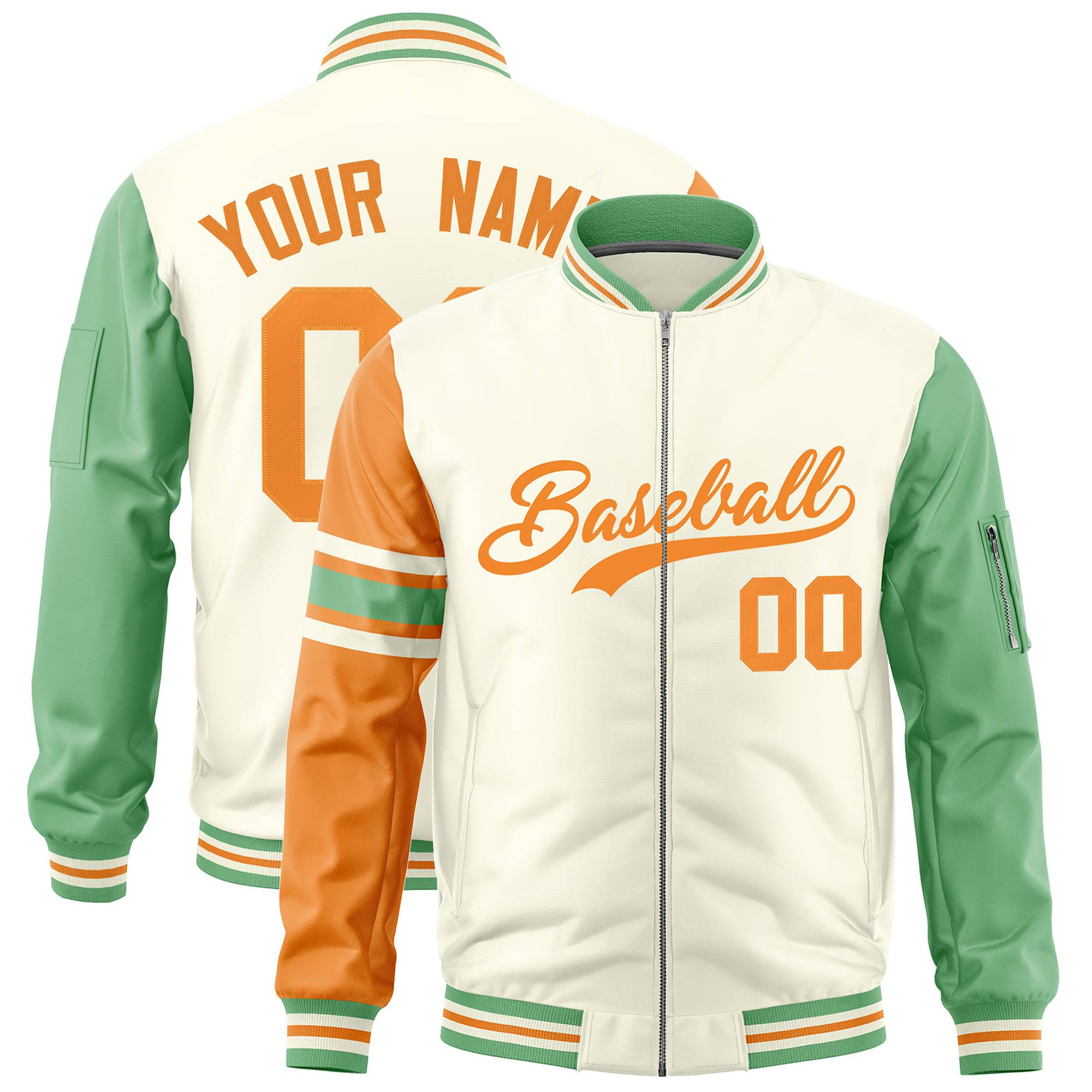 Custom Cream Orange-Green Varsity Full-Zip Raglan Sleeves Stripe Letterman Bomber Jacket