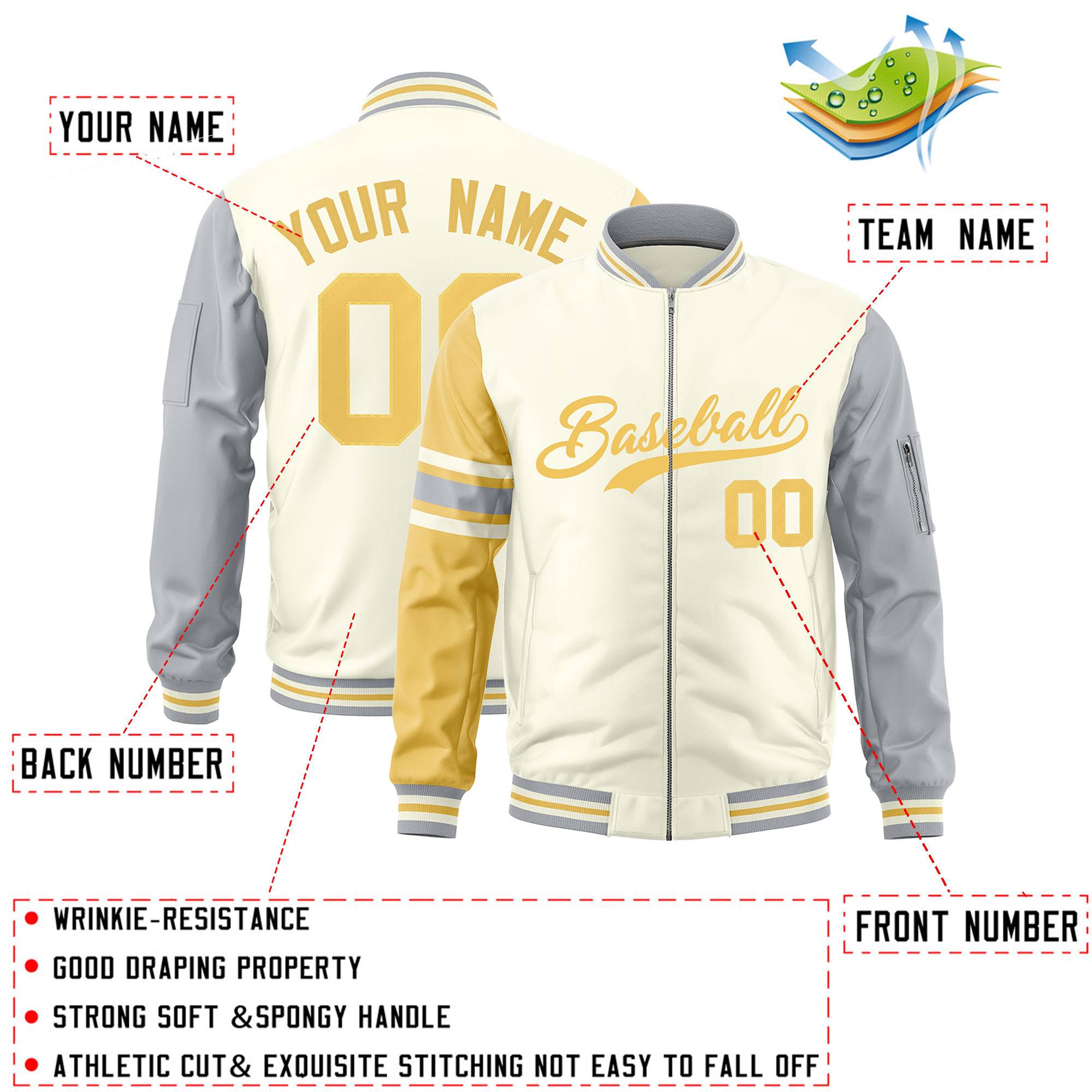 Custom Cream Khaki-Silver Varsity Full-Zip Raglan Sleeves Stripe Letterman Bomber Jacket