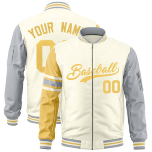 Custom Cream Khaki-Silver Varsity Full-Zip Raglan Sleeves Stripe Letterman Bomber Jacket