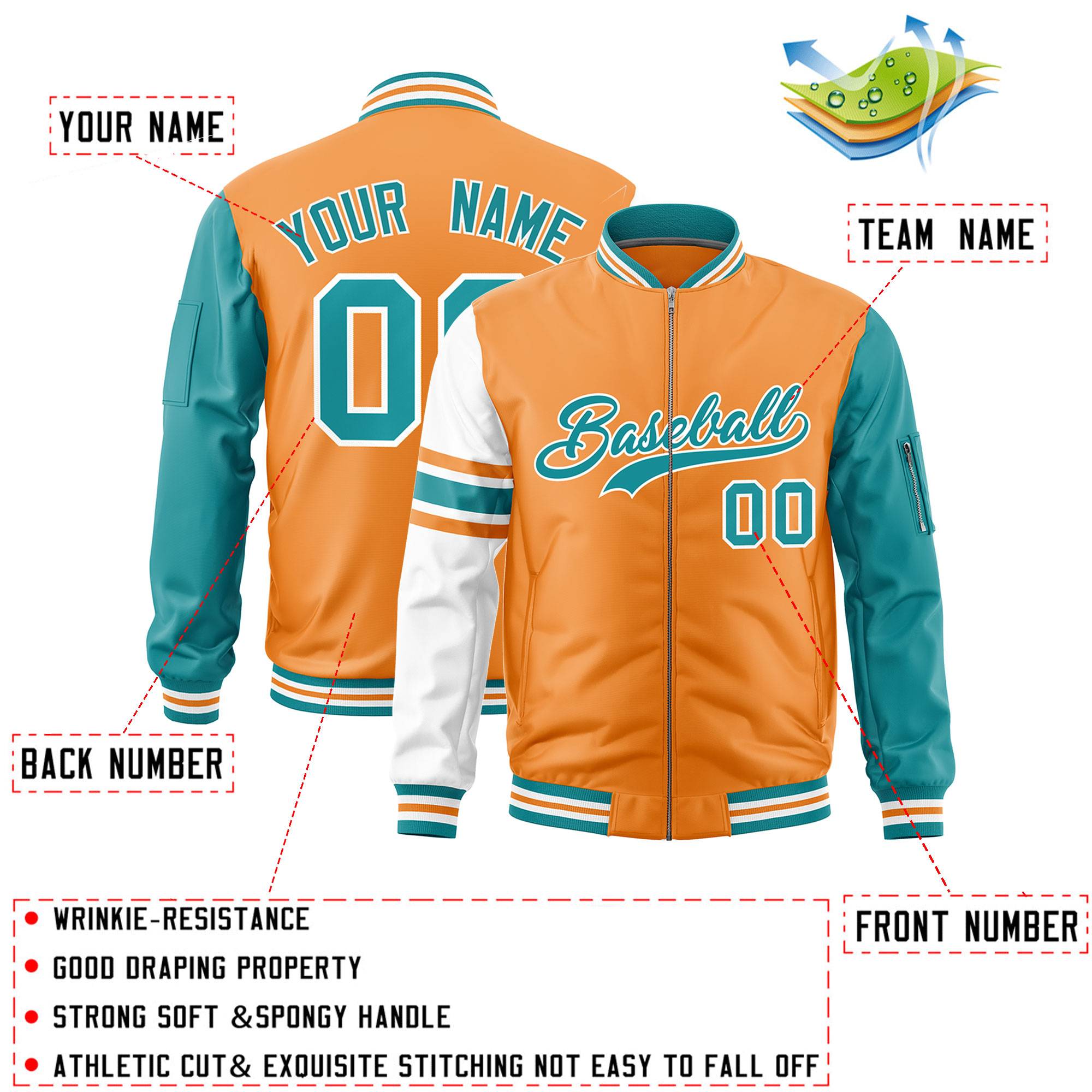 Custom Orange Aqua-White Varsity Full-Zip Raglan Sleeves Stripe Letterman Bomber Jacket