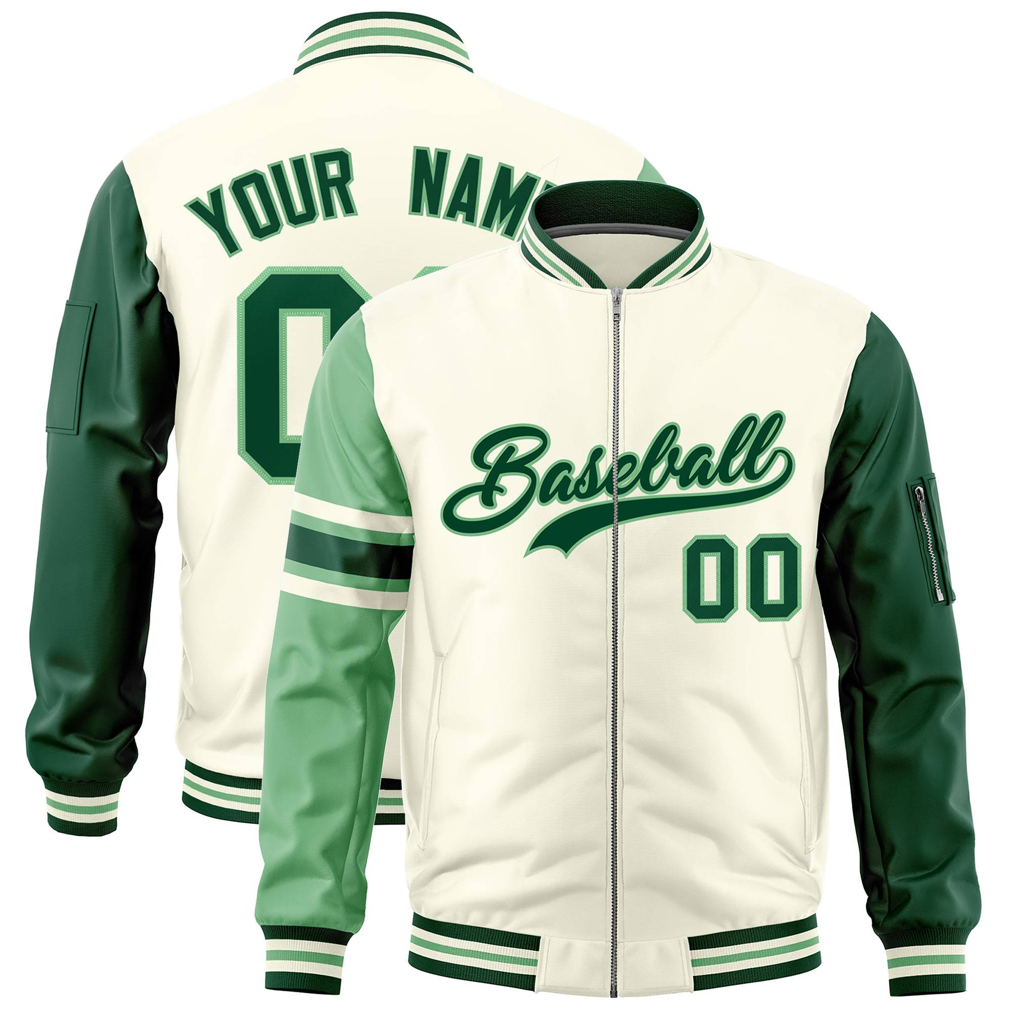 Custom Cream Green-Light Green Varsity Full-Zip Raglan Sleeves Stripe Letterman Bomber Jacket