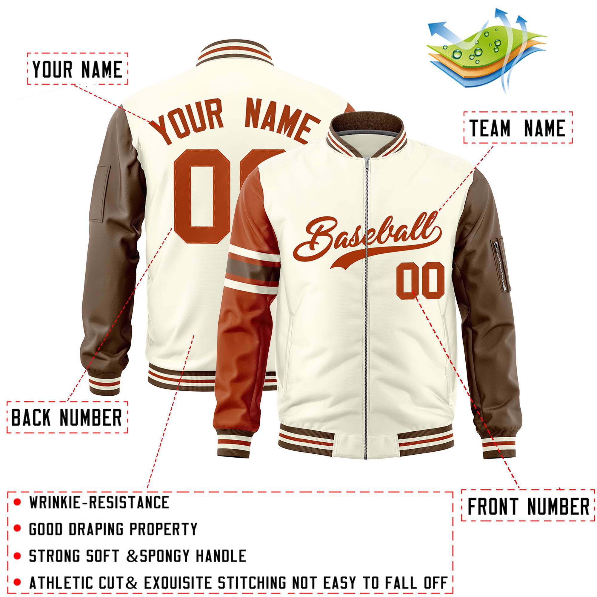 Custom Cream Texas Orange-Light Brown Varsity Full-Zip Raglan Sleeves Stripe Letterman Bomber Jacket