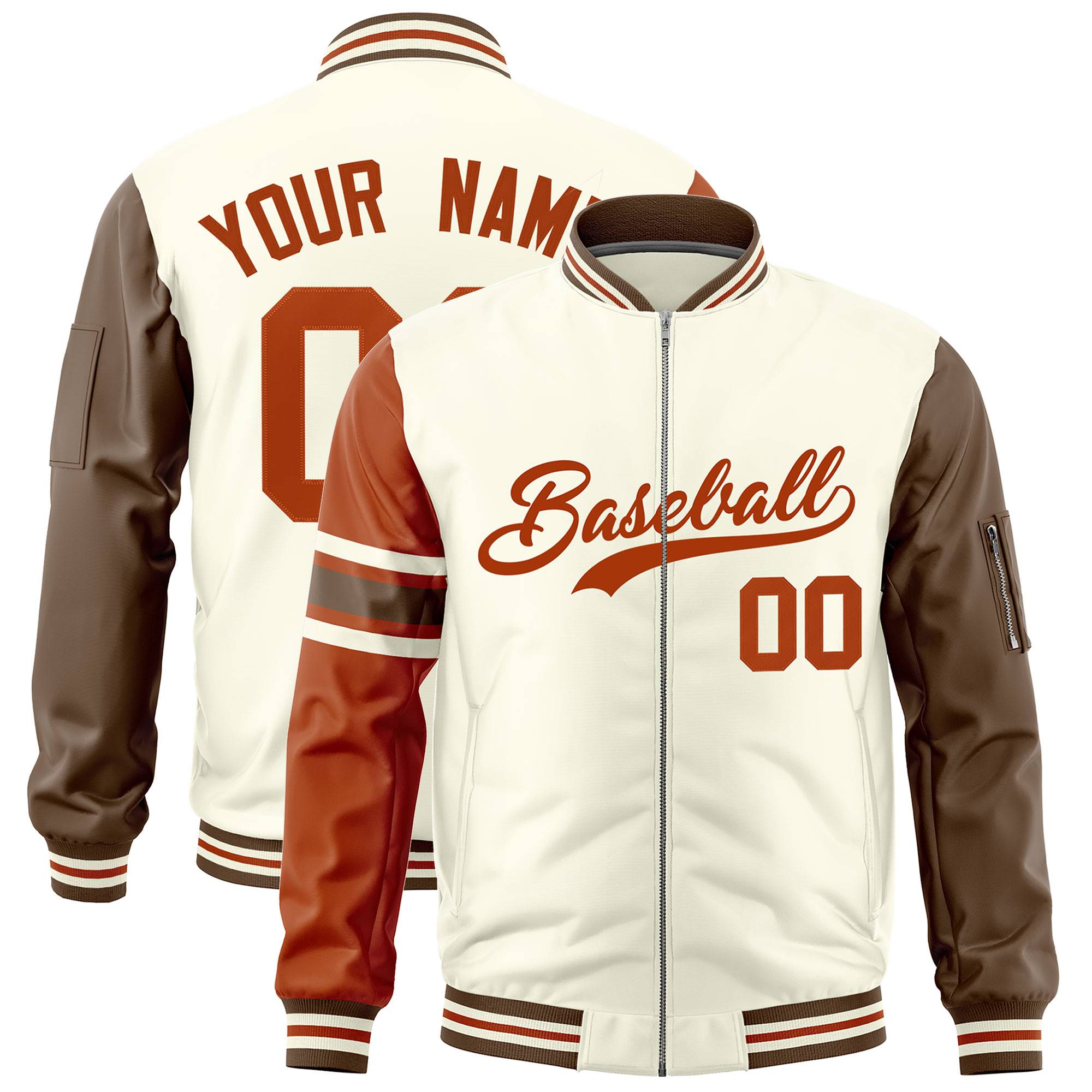 Custom Cream Texas Orange-Light Brown Varsity Full-Zip Raglan Sleeves Stripe Letterman Bomber Jacket