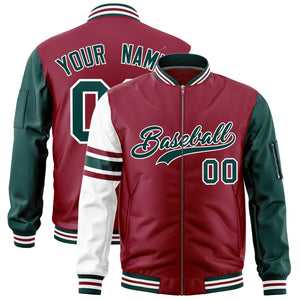 Custom Crimson Midnight Green-White Varsity Full-Zip Raglan Sleeves Stripe Letterman Bomber Jacket